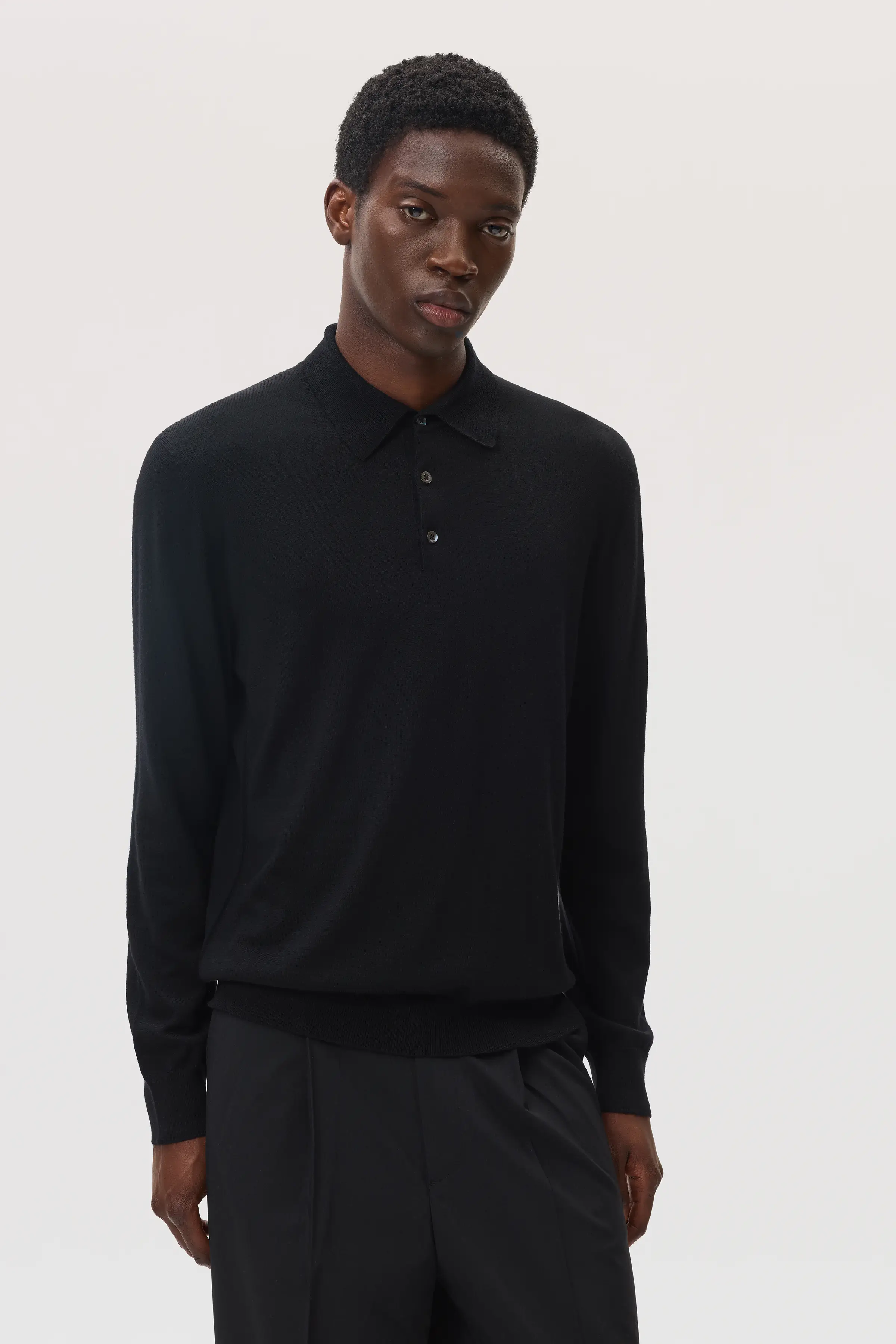 Merino Long Sleeve Black Polo Shirt - Image 4