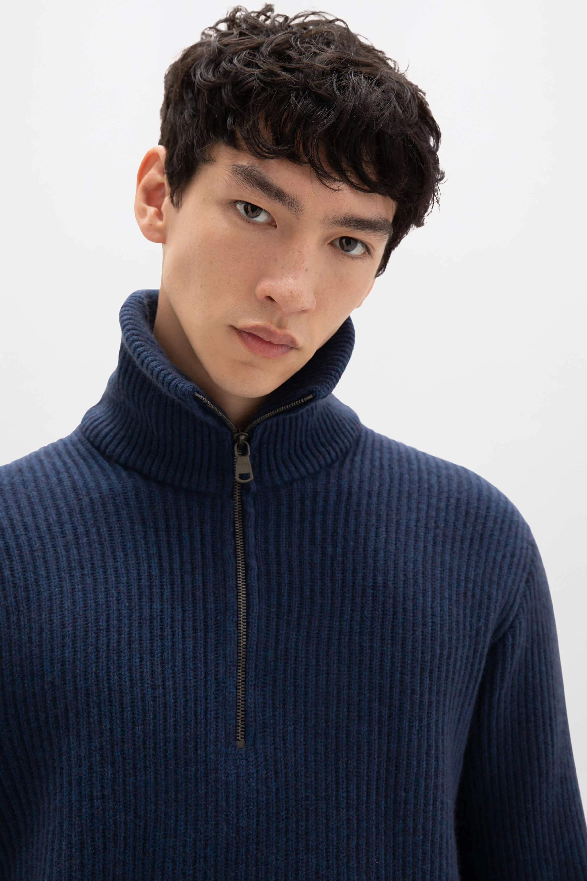 Ribbed Cashmere Zip Neck Mid Blue Jumper - Image 3