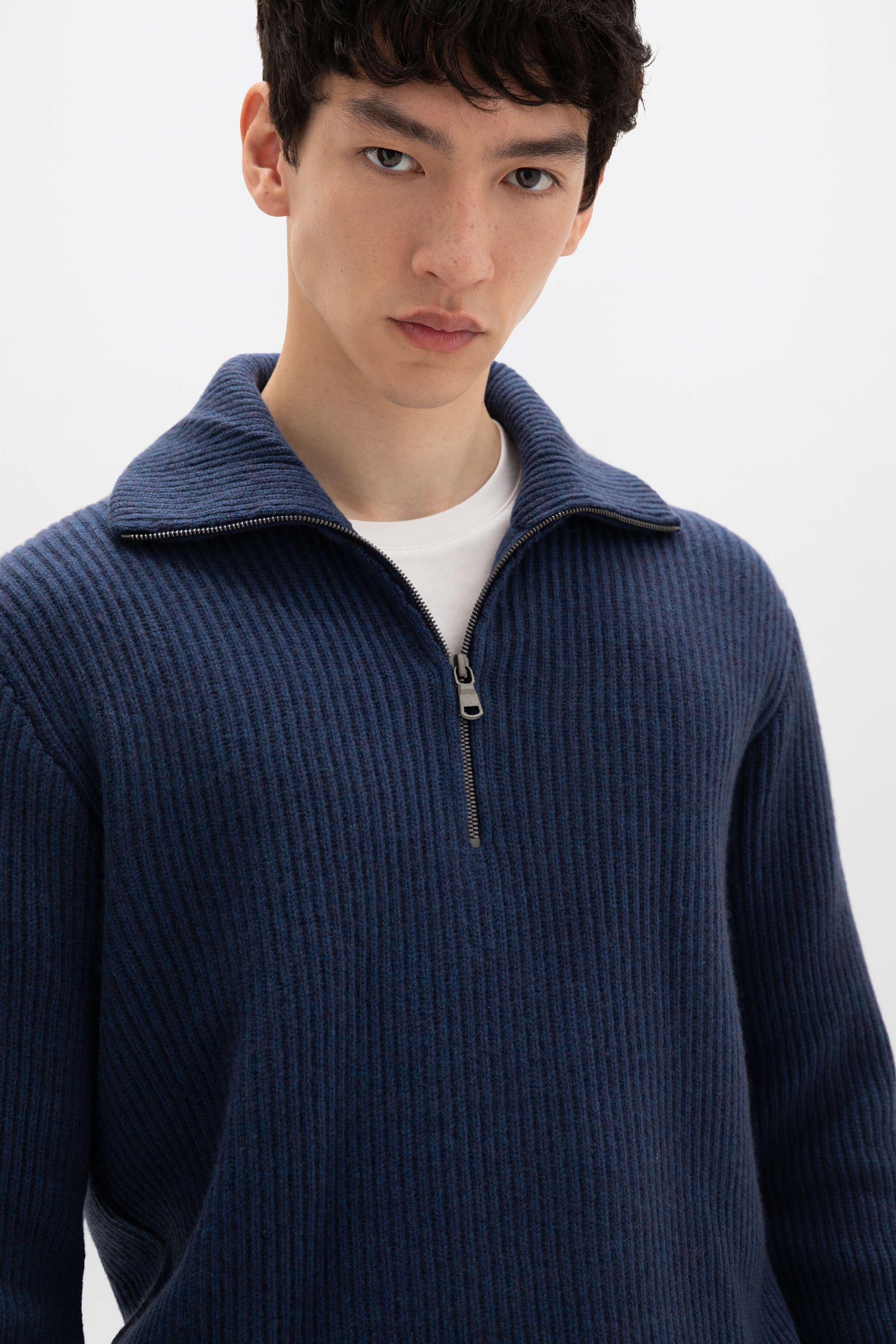 Ribbed Cashmere Zip Neck Mid Blue Jumper - Image 5