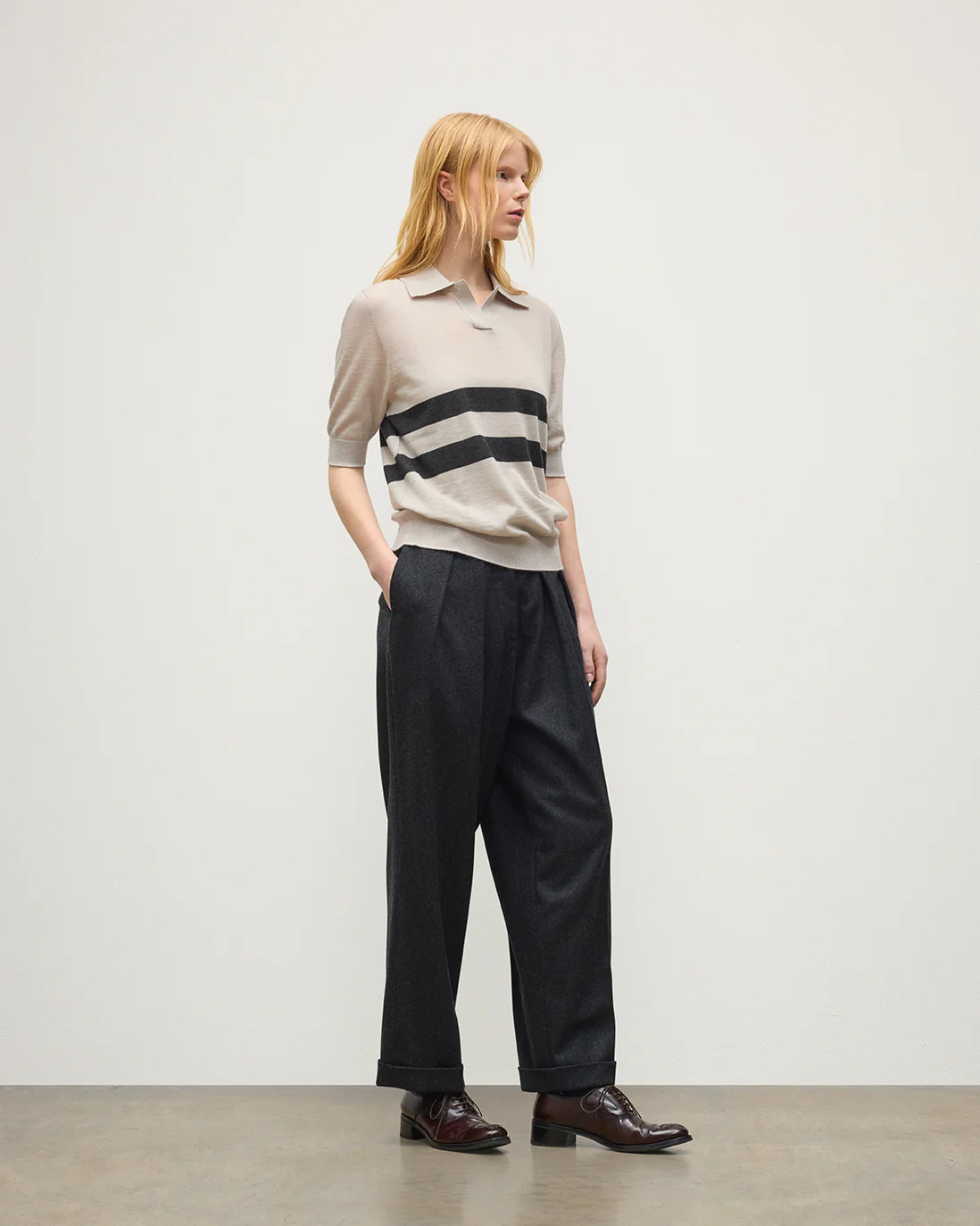 Coira Cream & Grey Superfine Cashmere Polo Shirt - Image 3