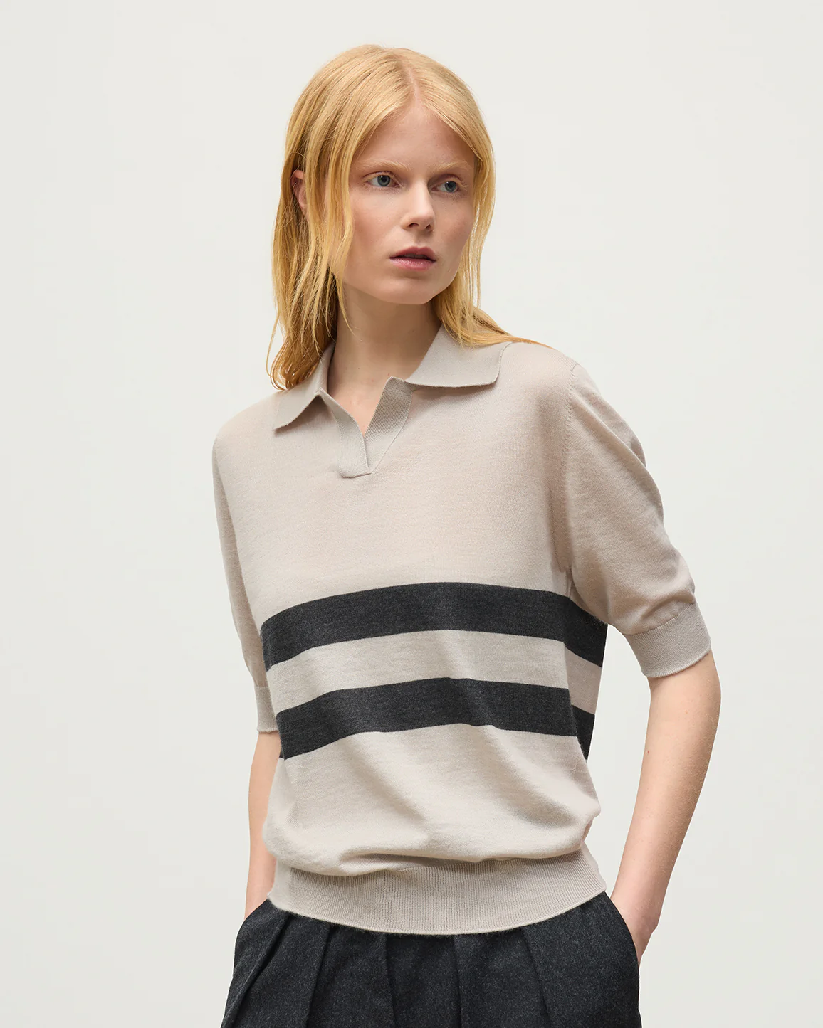 Coira Cream & Grey Superfine Cashmere Polo Shirt - Image 5