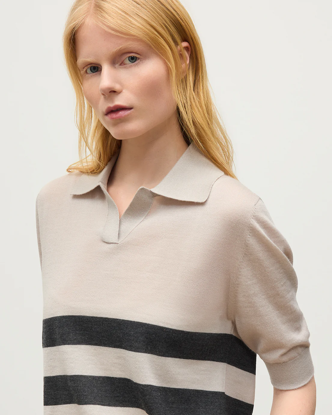 Coira Cream & Grey Superfine Cashmere Polo Shirt - Image 6