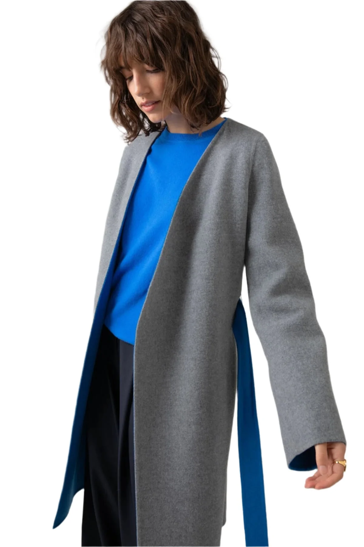 Collarless Grey & Blue Cape Coat - Image 2