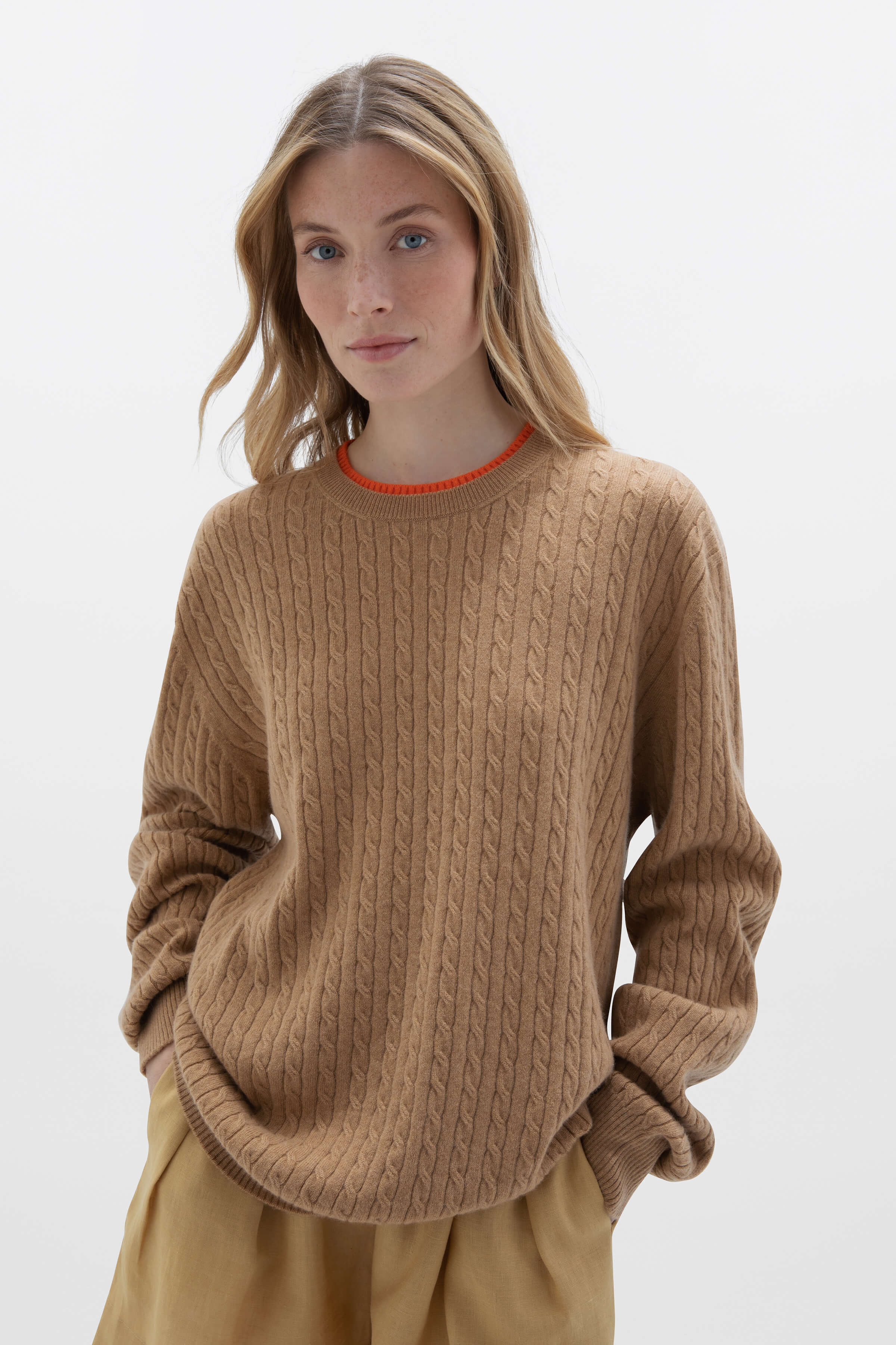 Contrast Trim Unisex Cable Cashmere Sweater - Image 3