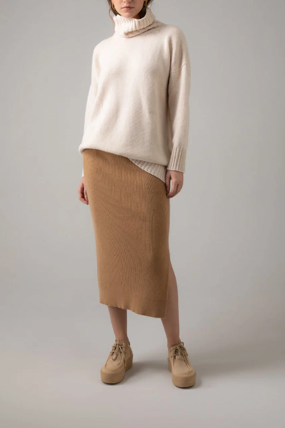 Camel Ribbed Cashmere Tube Skirt