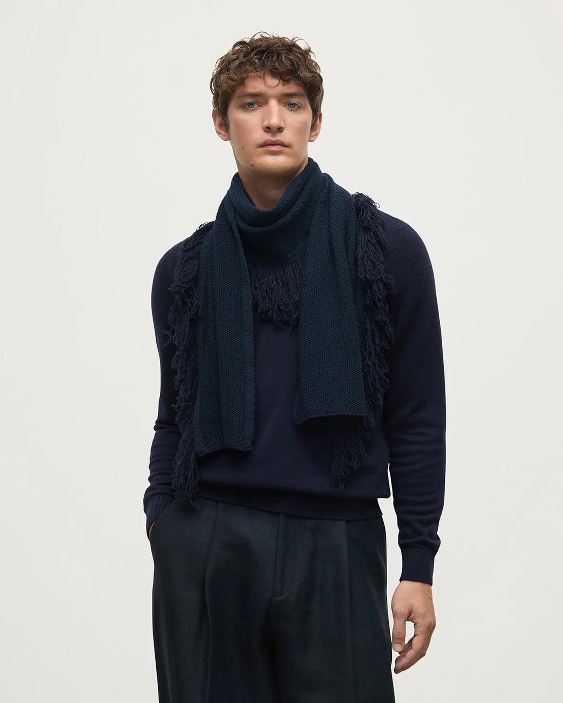 Fringed Cashmere Dark Navy Scarf - Image 3