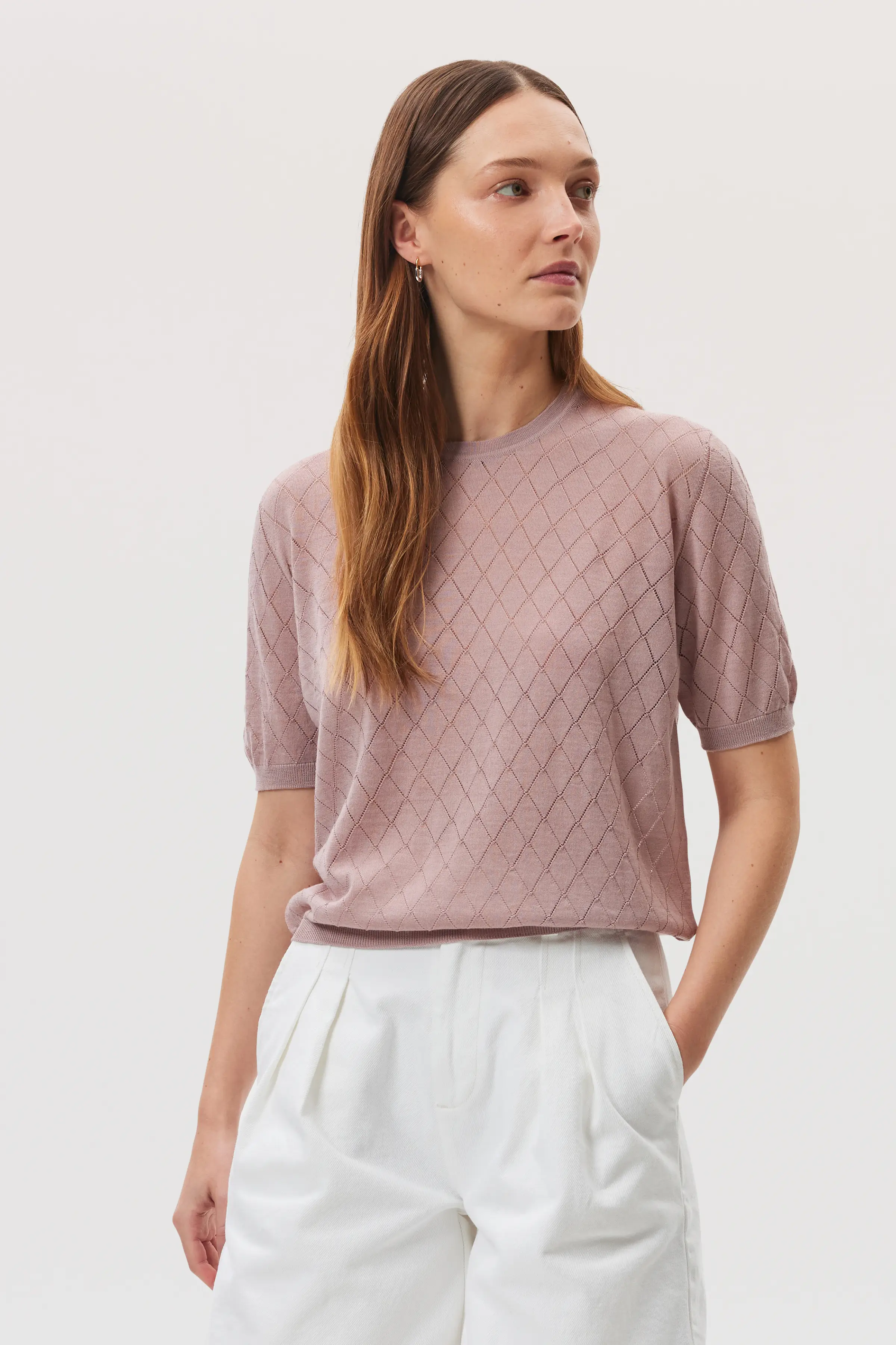 Superfine Merino Pointelle Argyle Pink T-Shirt - Image 2