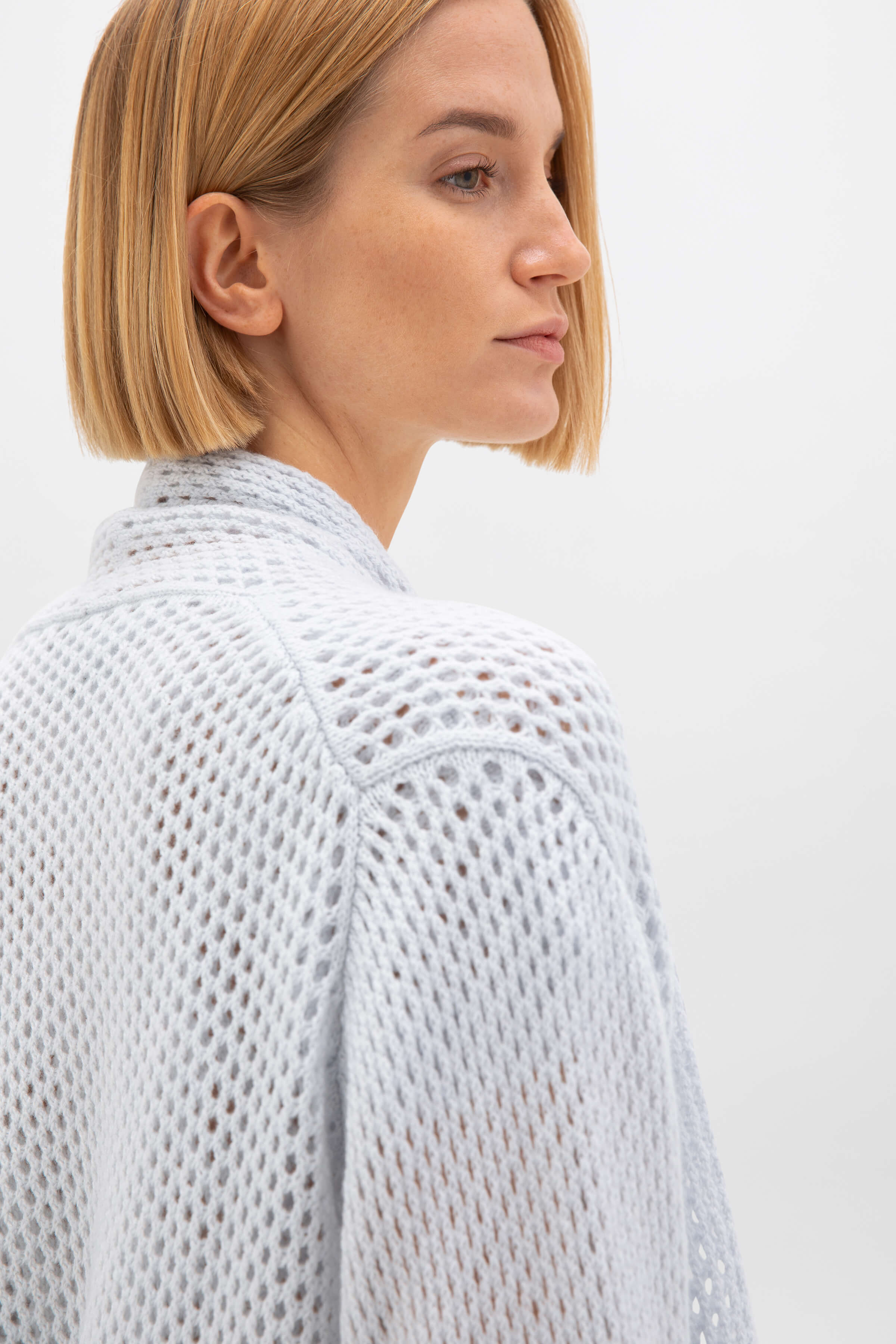Crochet Light Blue Cashmere Shawl Collar Cardigan - Image 3