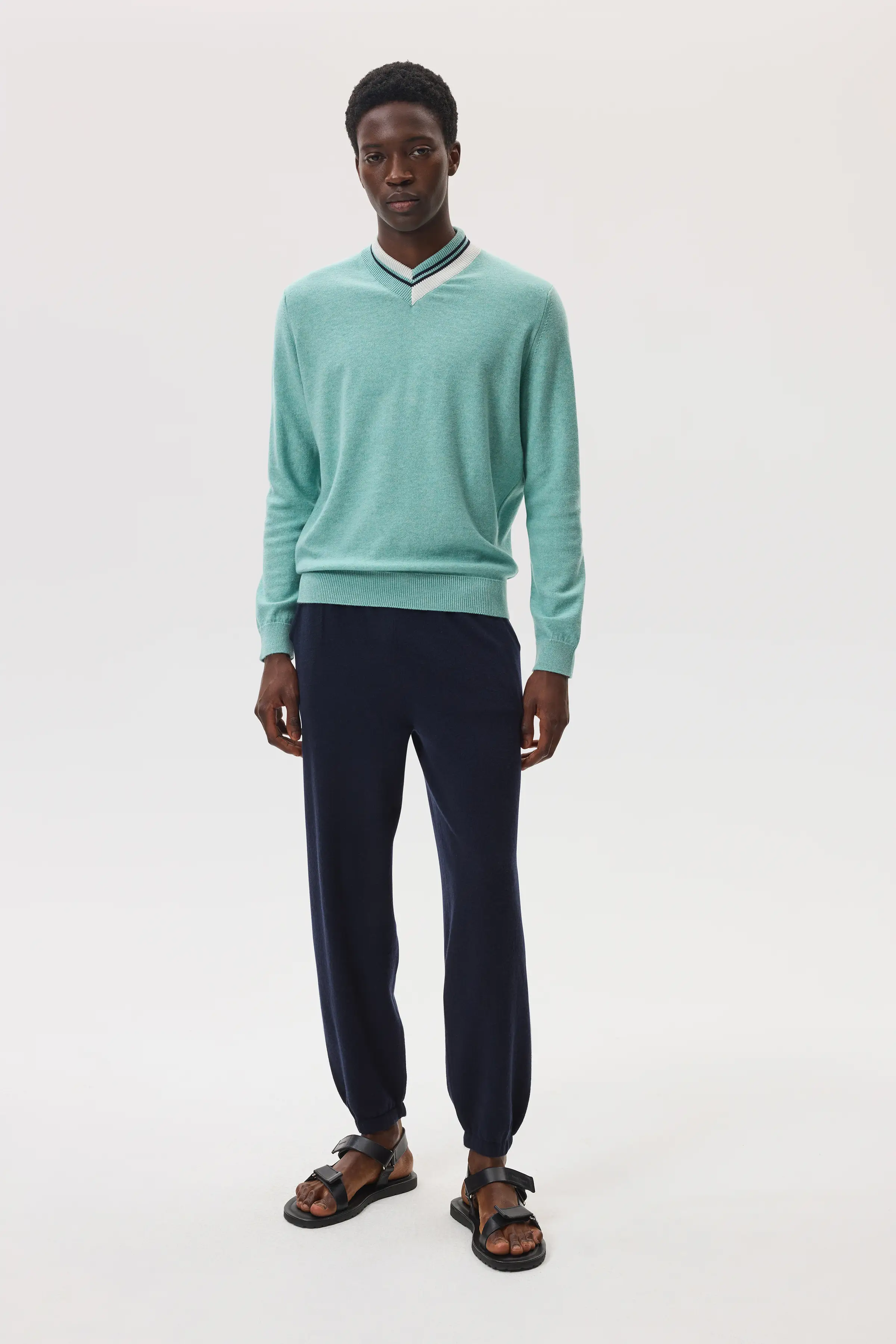 Cashmere V Neck Green Jumper with Striped Trim