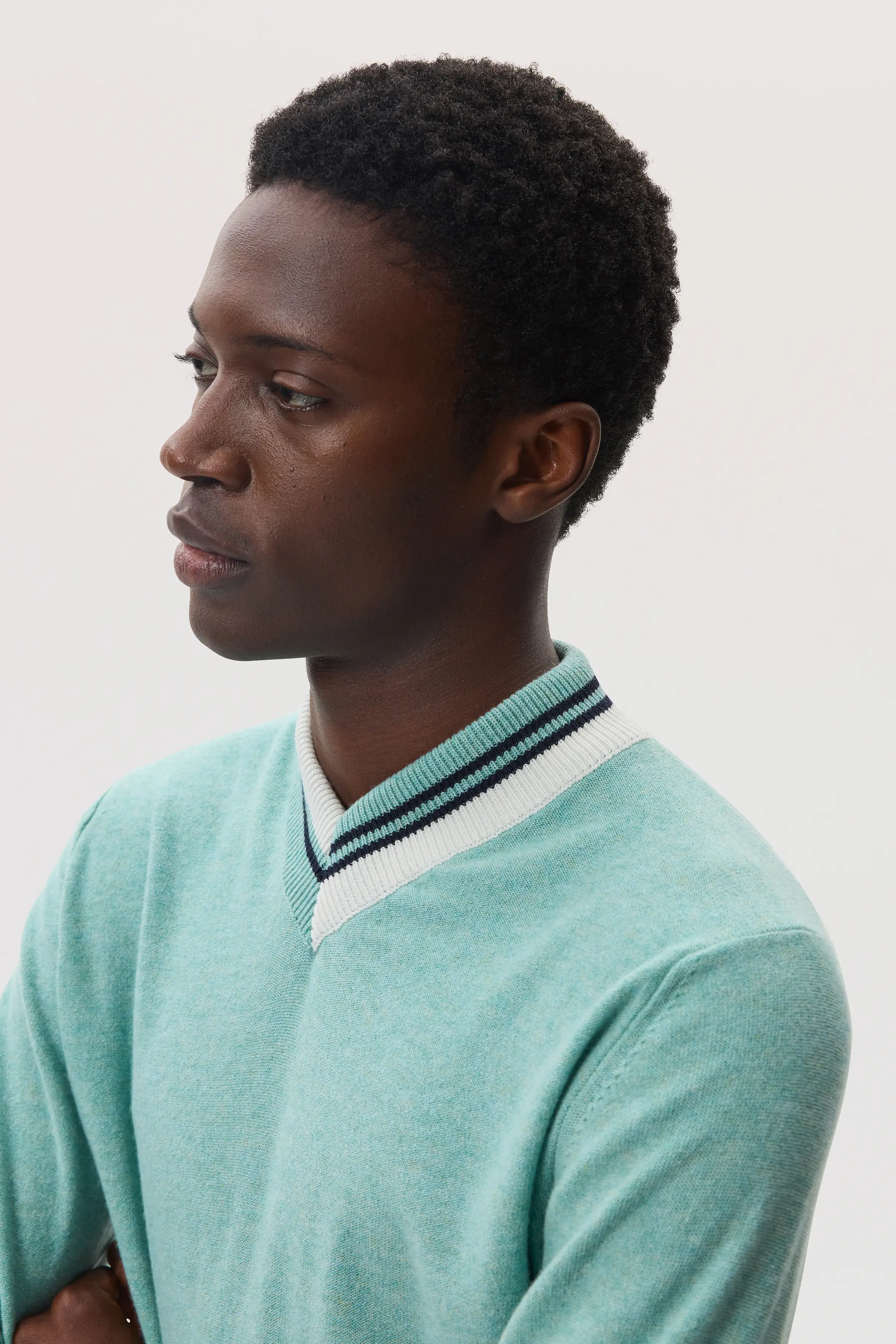 Cashmere V Neck Green Jumper with Striped Trim - Image 3