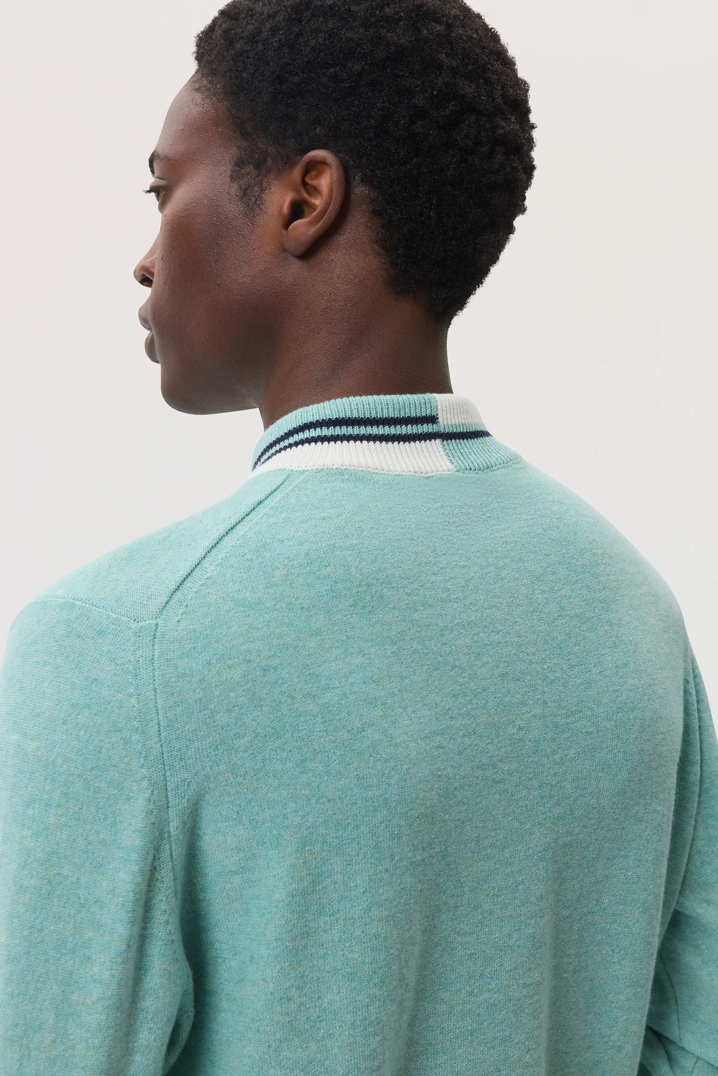 Cashmere V Neck Green Jumper with Striped Trim - Image 4