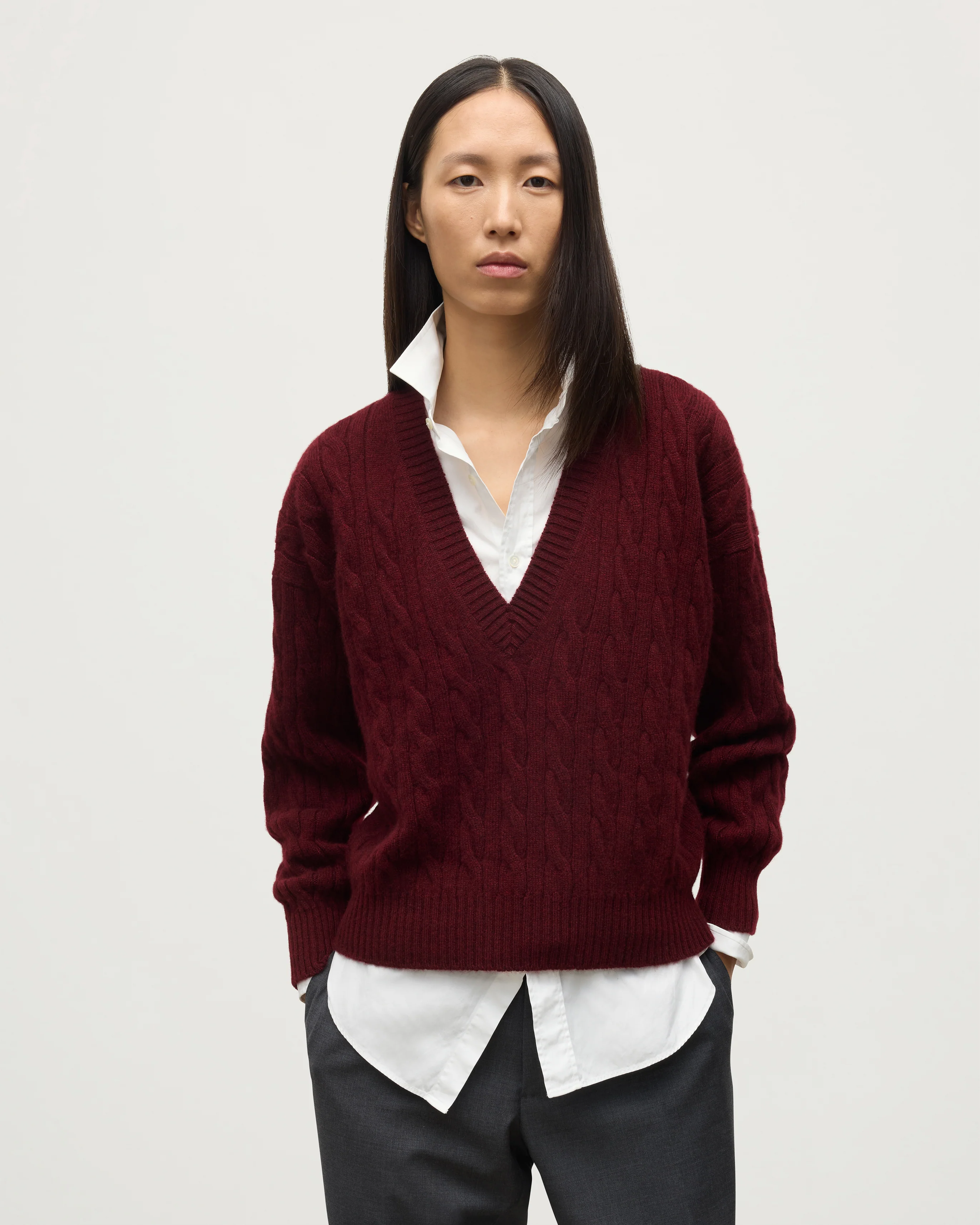 Kylesku Deep V Dark Red Cashmere Jumper - Image 5