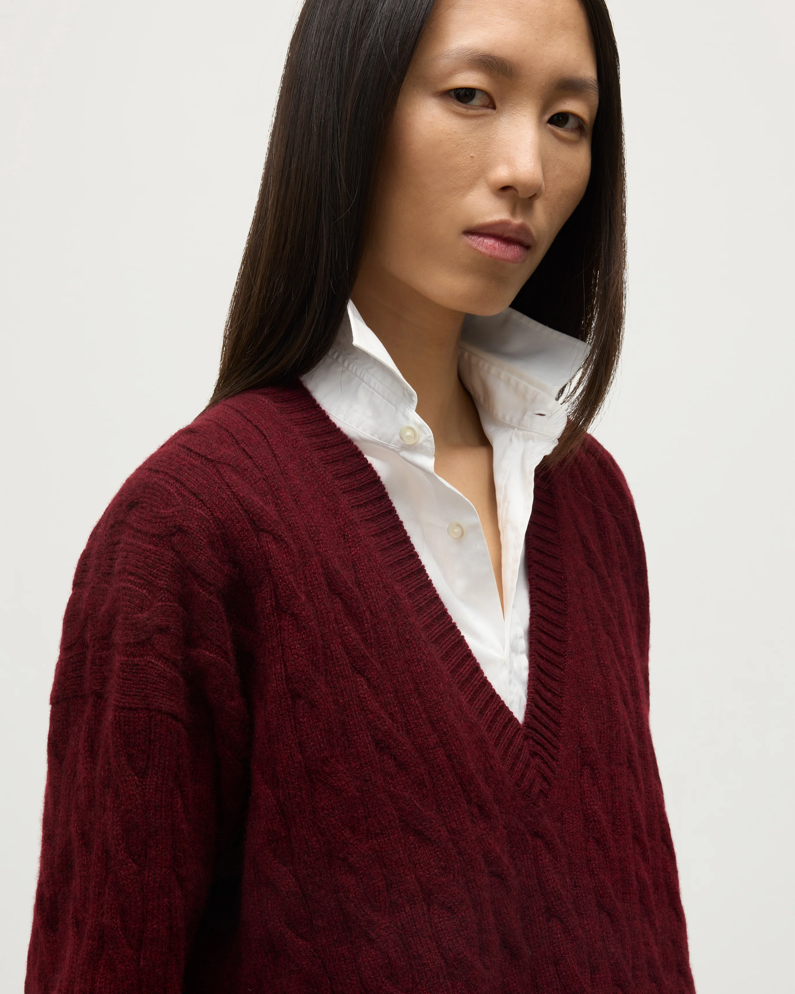 Kylesku Deep V Dark Red Cashmere Jumper - Image 6
