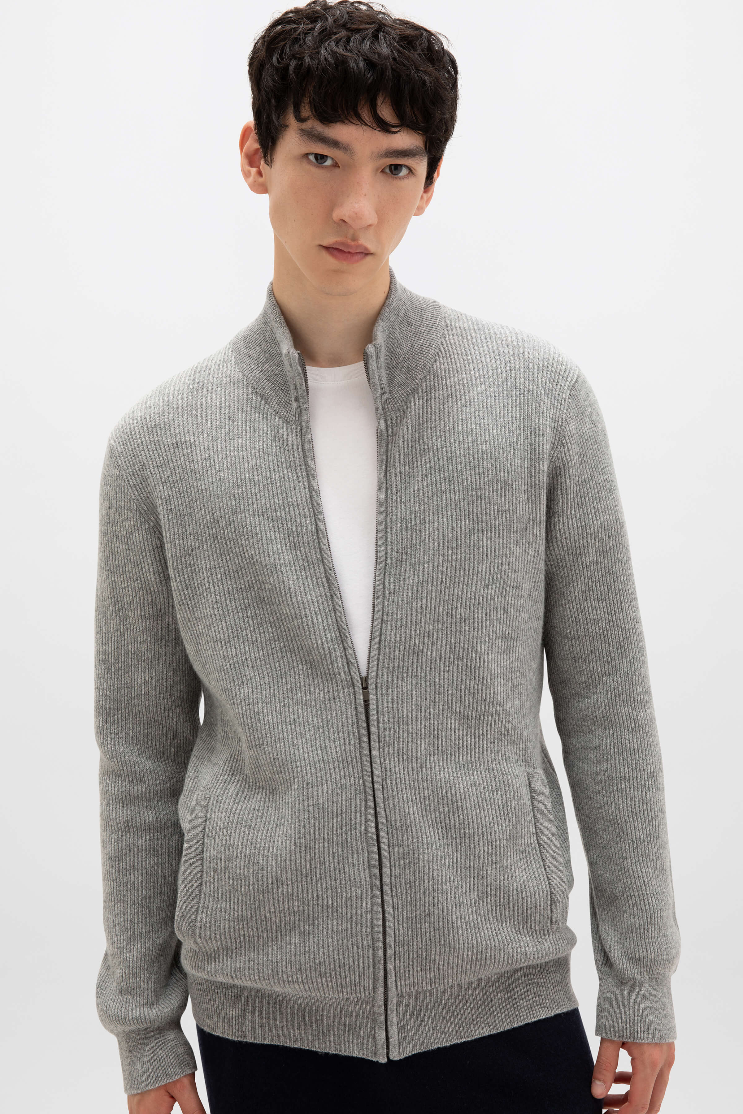 Ribbed Cashmere Light Grey Cardigan - Image 3