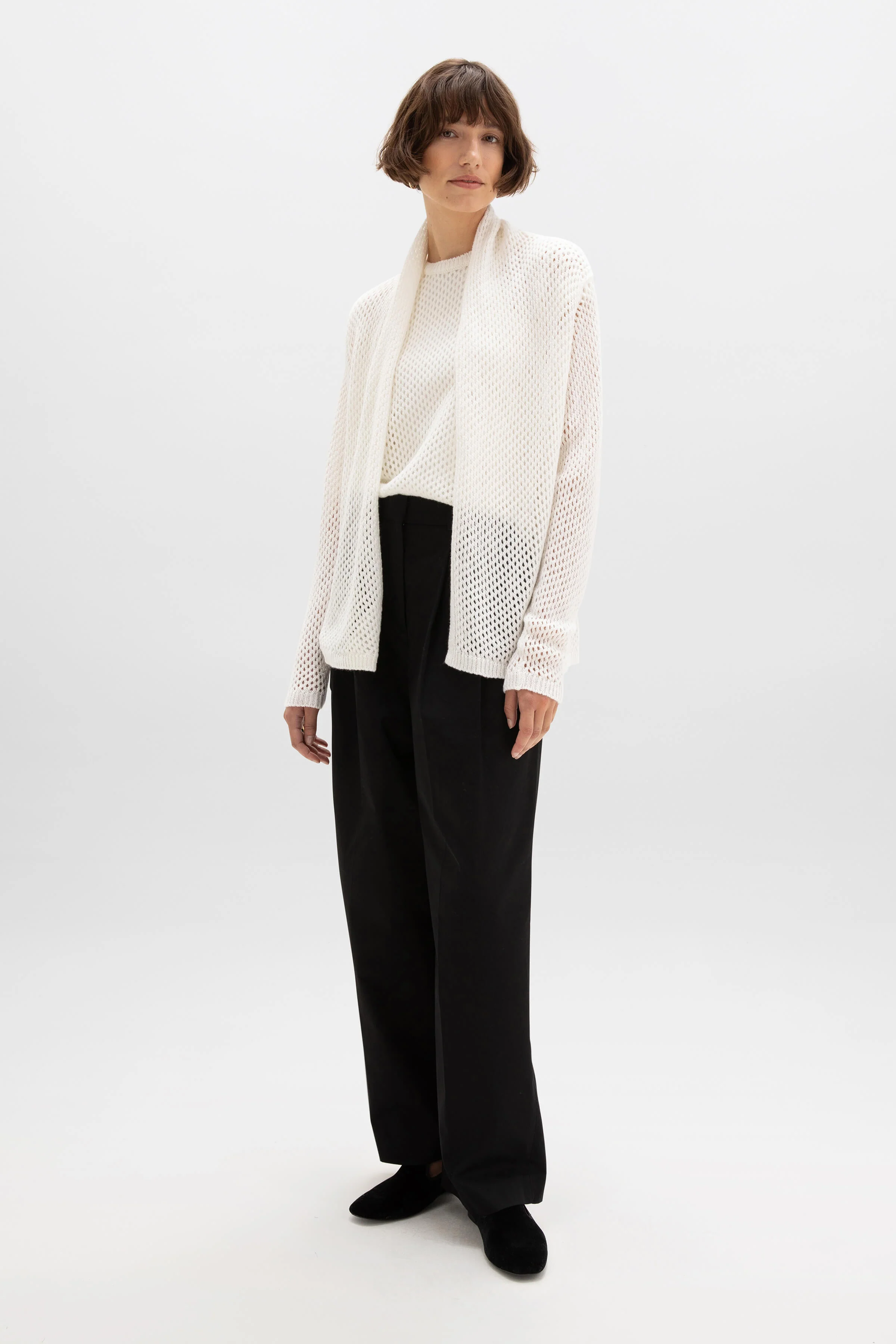 Crochet Cashmere Shawl Collar White Cardigan