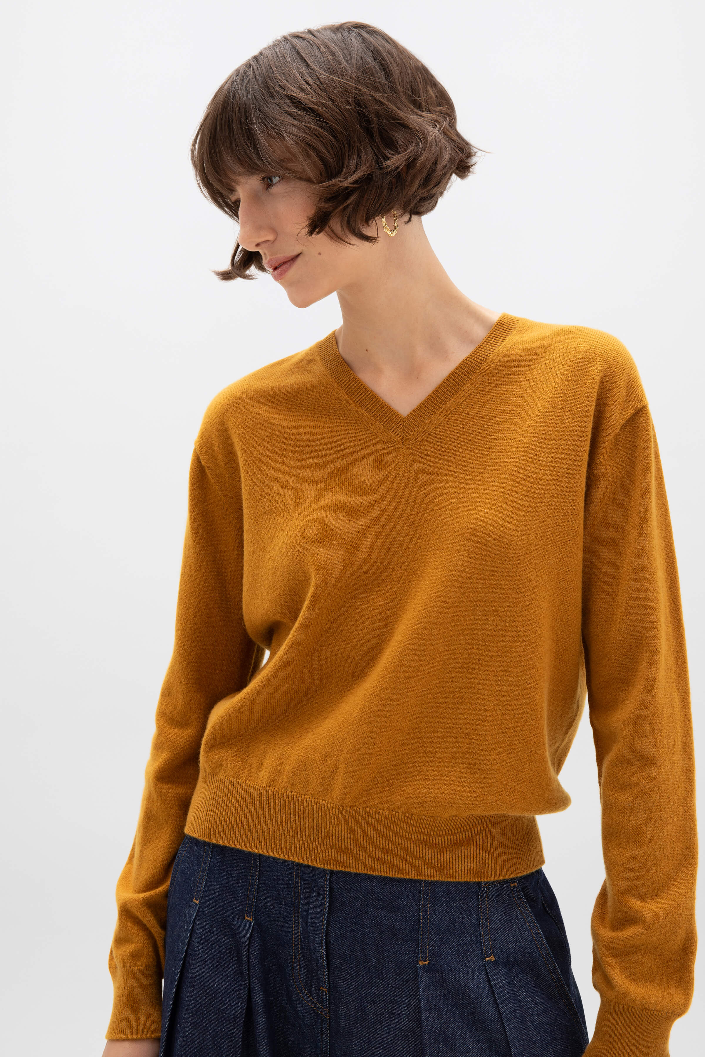 Dark Yellow Cashmere V Neck Jumper - Image 2