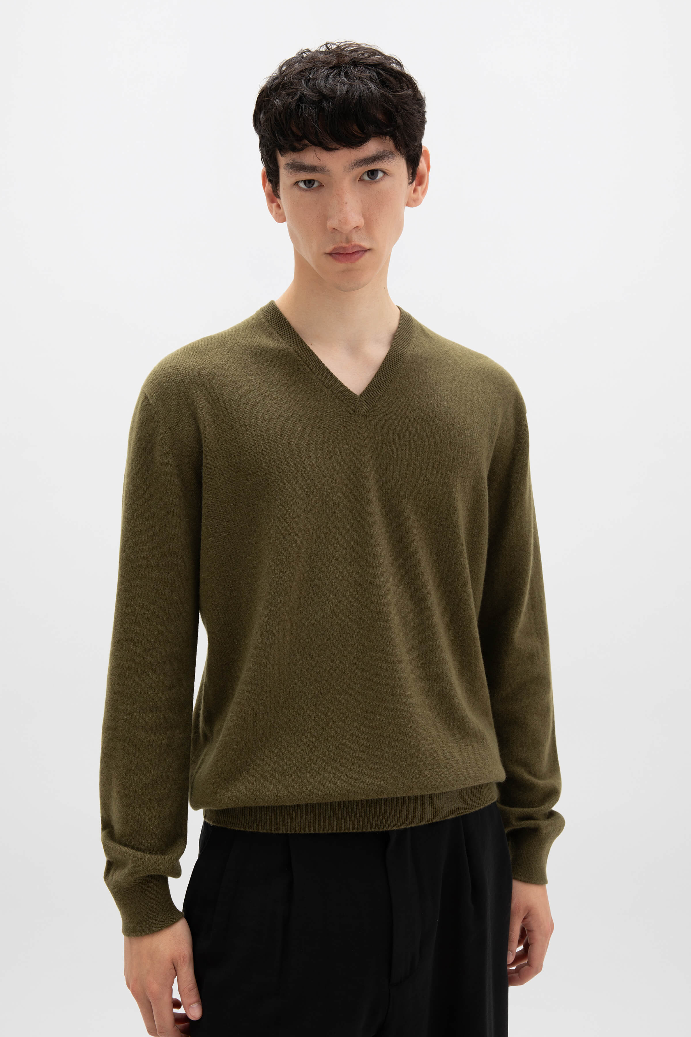 Olive Green Cashmere V Neck Jumper - Image 3