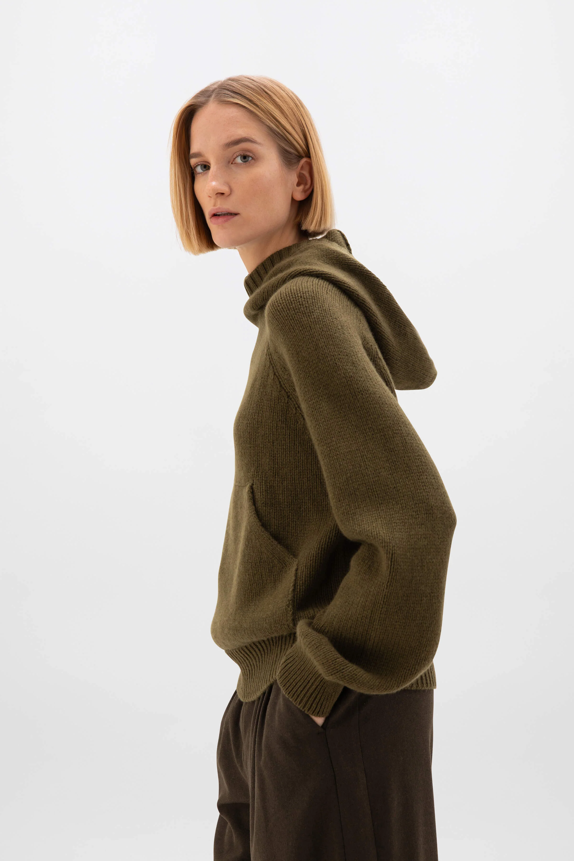 Oversized Olive Green Cashmere Hoodie - Image 4