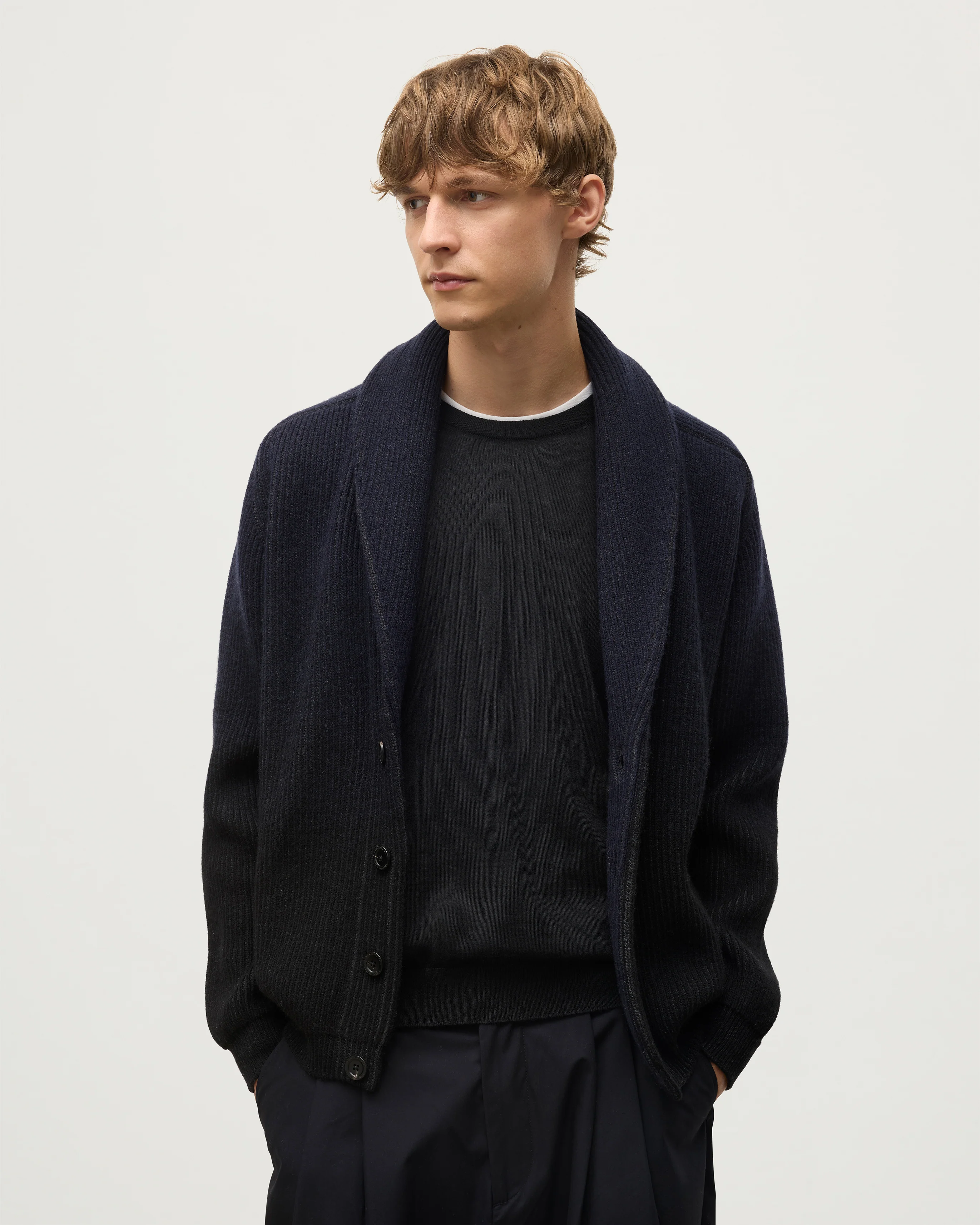 Pioneer Navy to Black Shawl Collar Cashmere Cardigan - Image 3