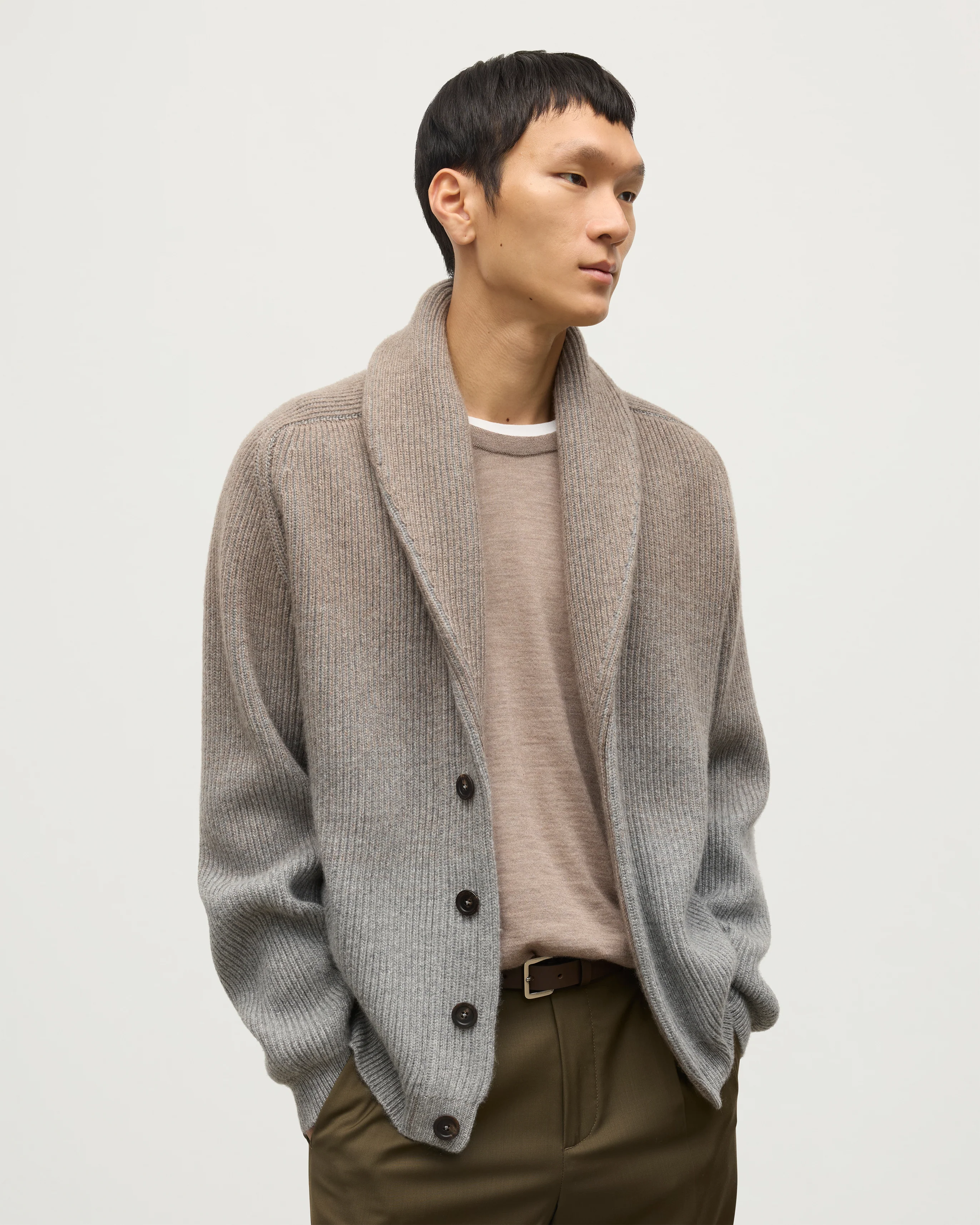 Pioneer Light Brown to Grey Shawl Collar Cashmere Cardigan - Image 3