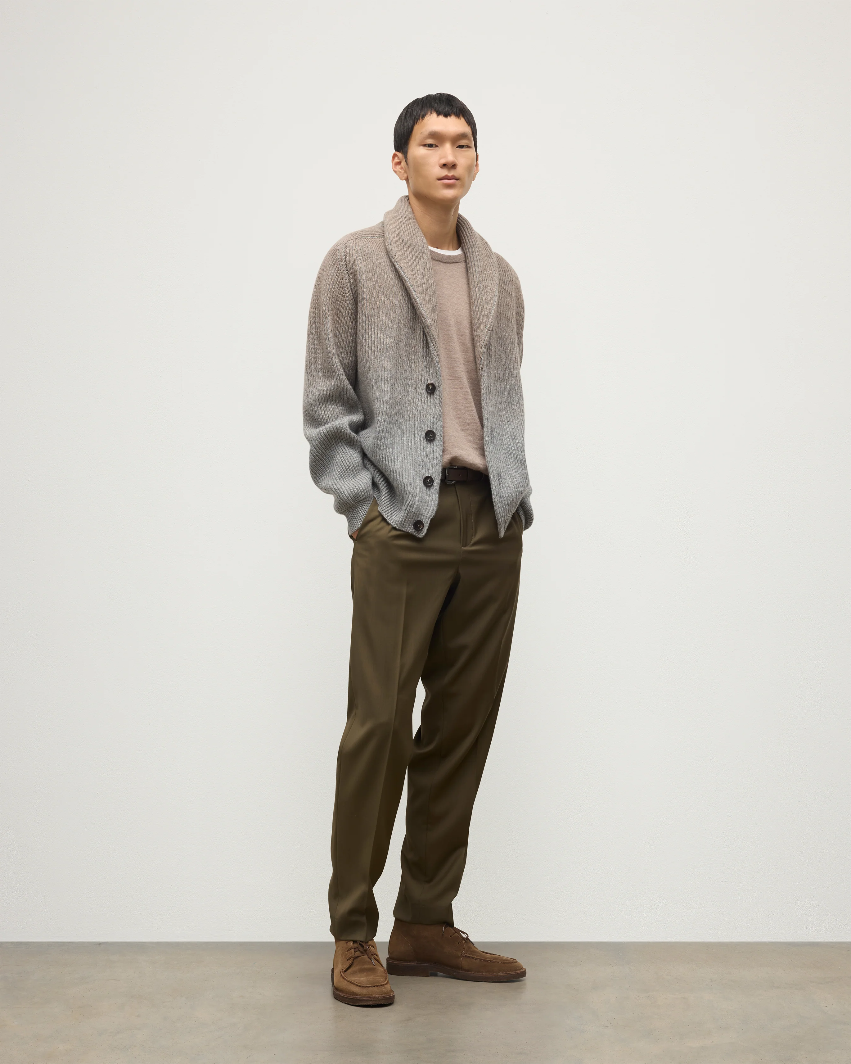 Pioneer Light Brown to Grey Shawl Collar Cashmere Cardigan - Image 4