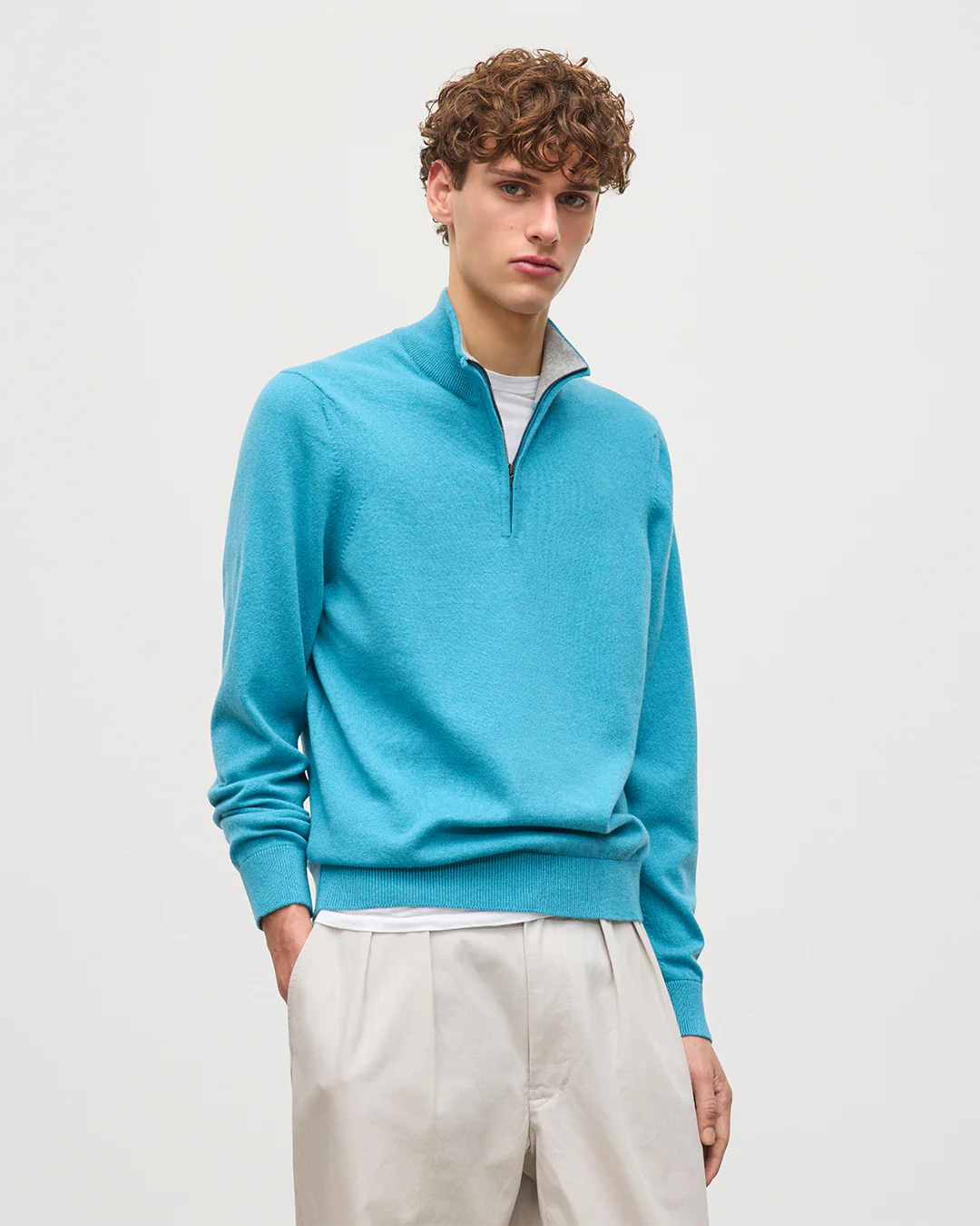 Rory Blue & Grey Classic Cashmere Contrast Zip Neck Jumper - Image 5