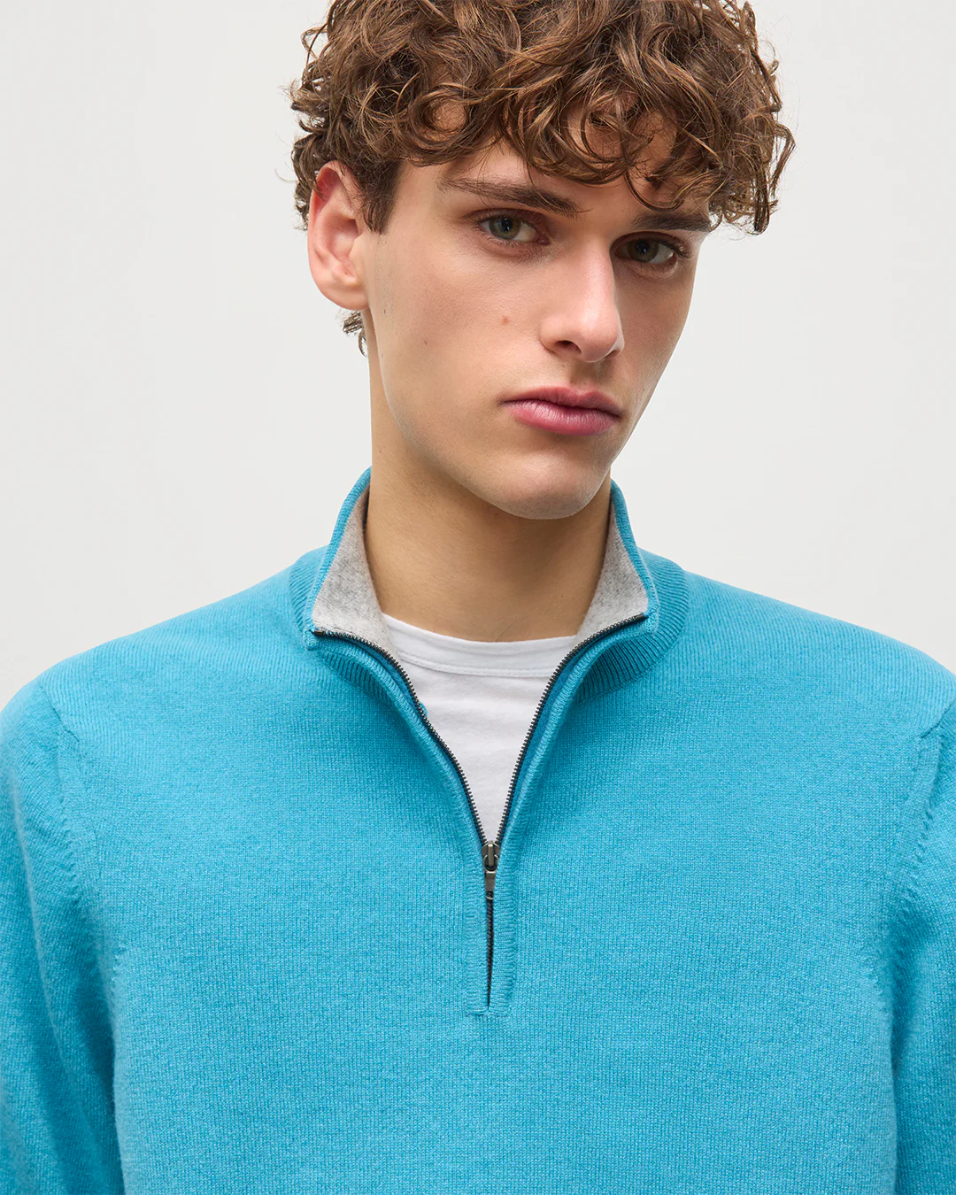 Rory Blue & Grey Classic Cashmere Contrast Zip Neck Jumper - Image 6