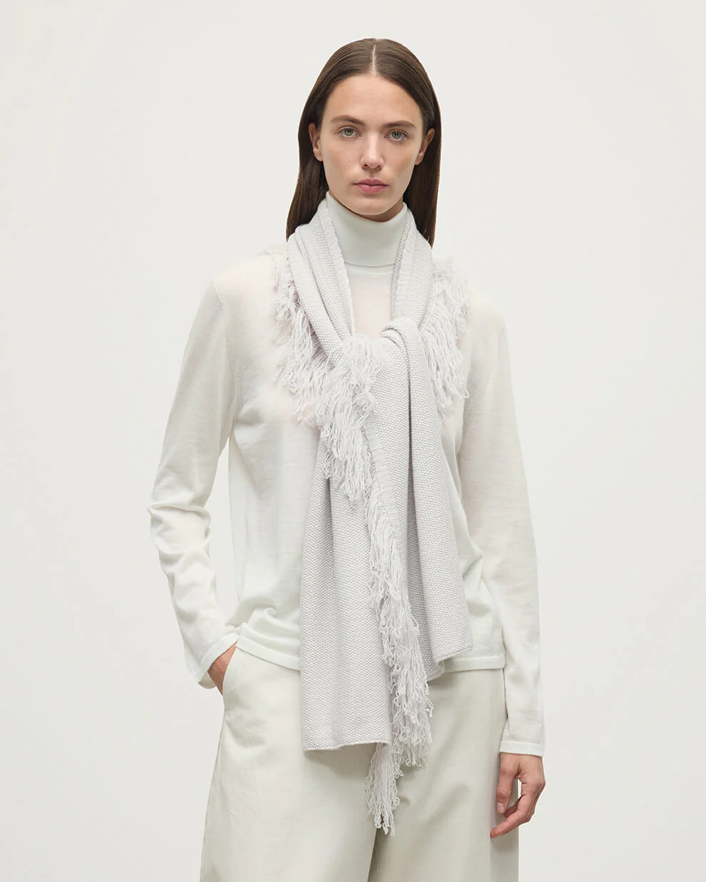 Fringed Cashmere White Scarf - Image 3