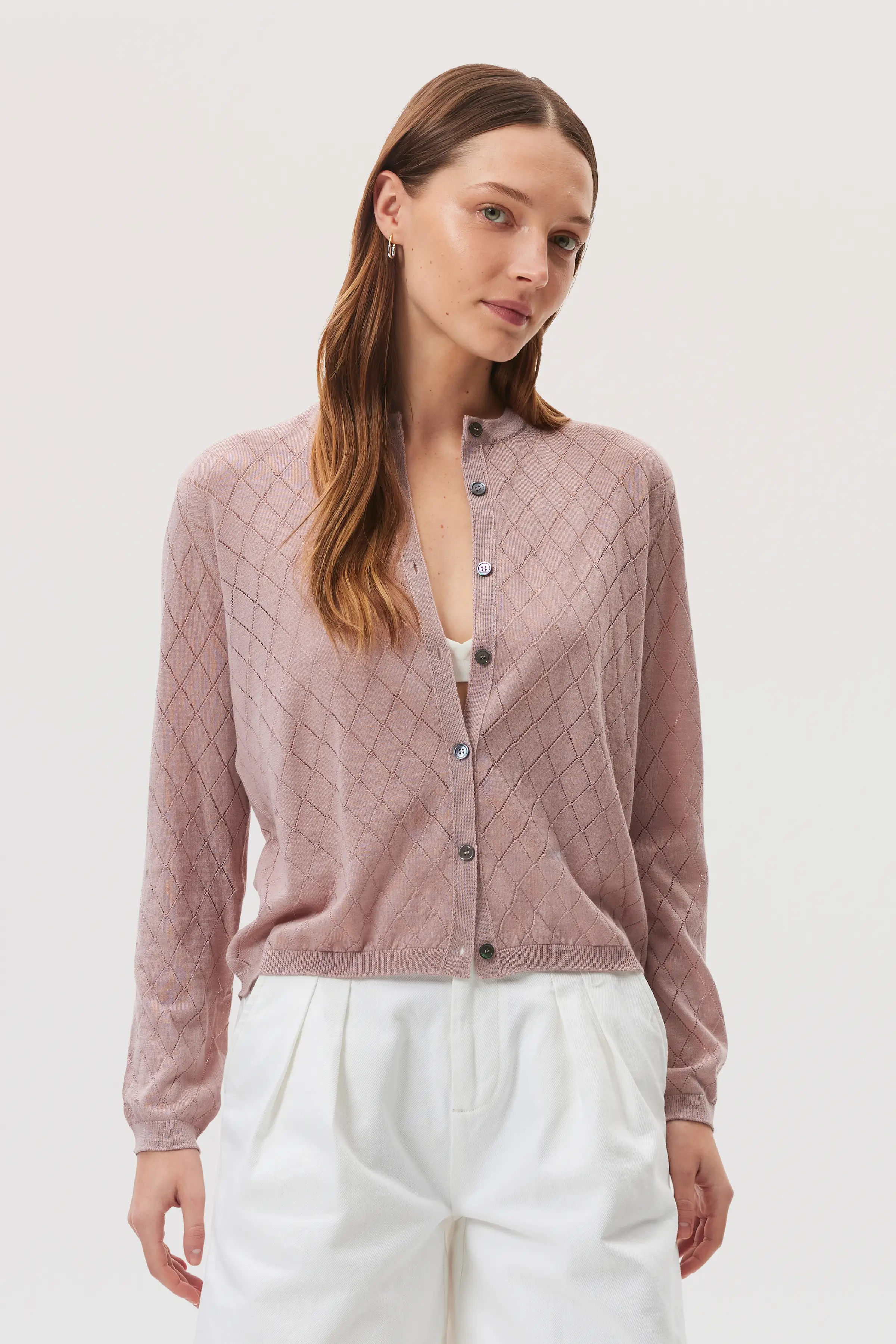 Superfine Merino Pointelle Argyle Pink Cardigan - Image 2