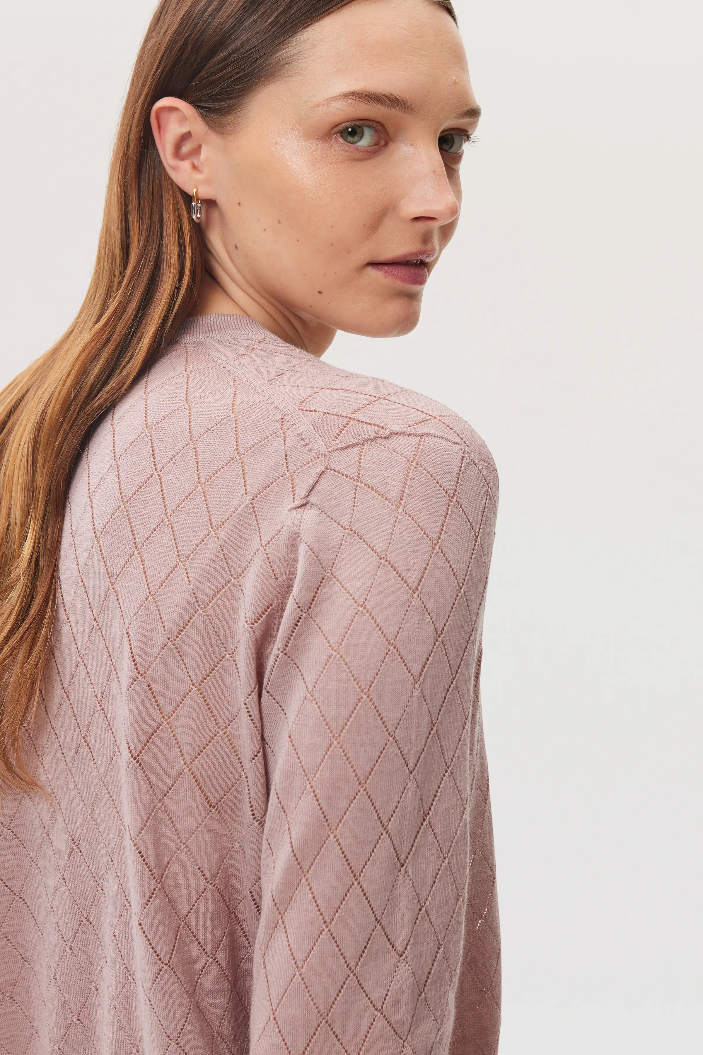 Superfine Merino Pointelle Argyle Pink Cardigan - Image 3