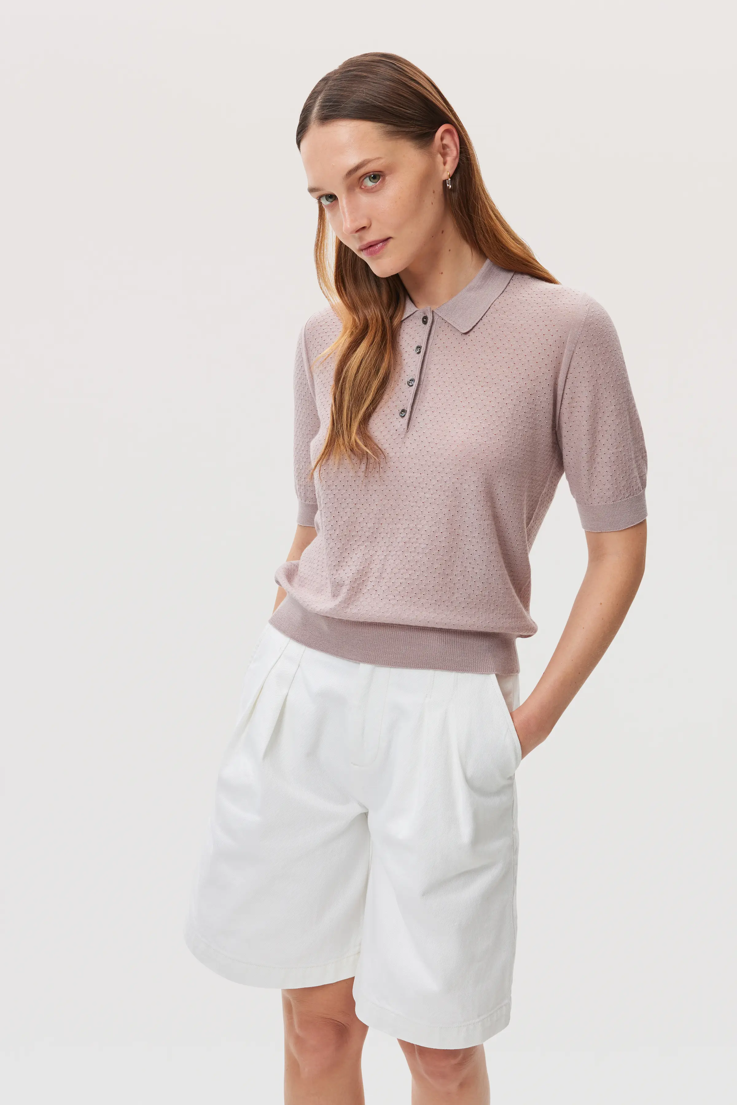 Superfine Merino Pointelle Argyle Pink Polo Shirt - Image 2