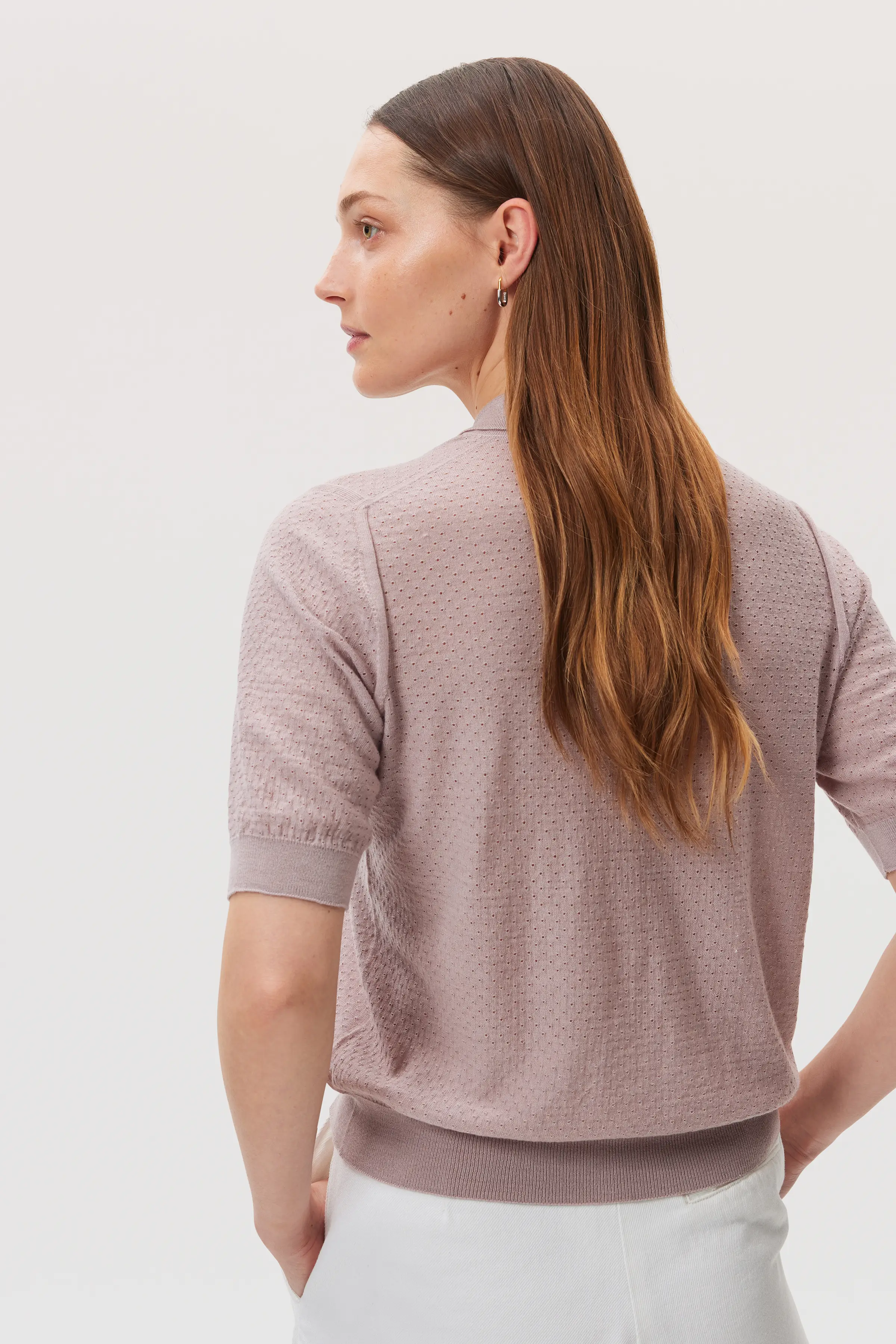 Superfine Merino Pointelle Argyle Pink Polo Shirt - Image 3