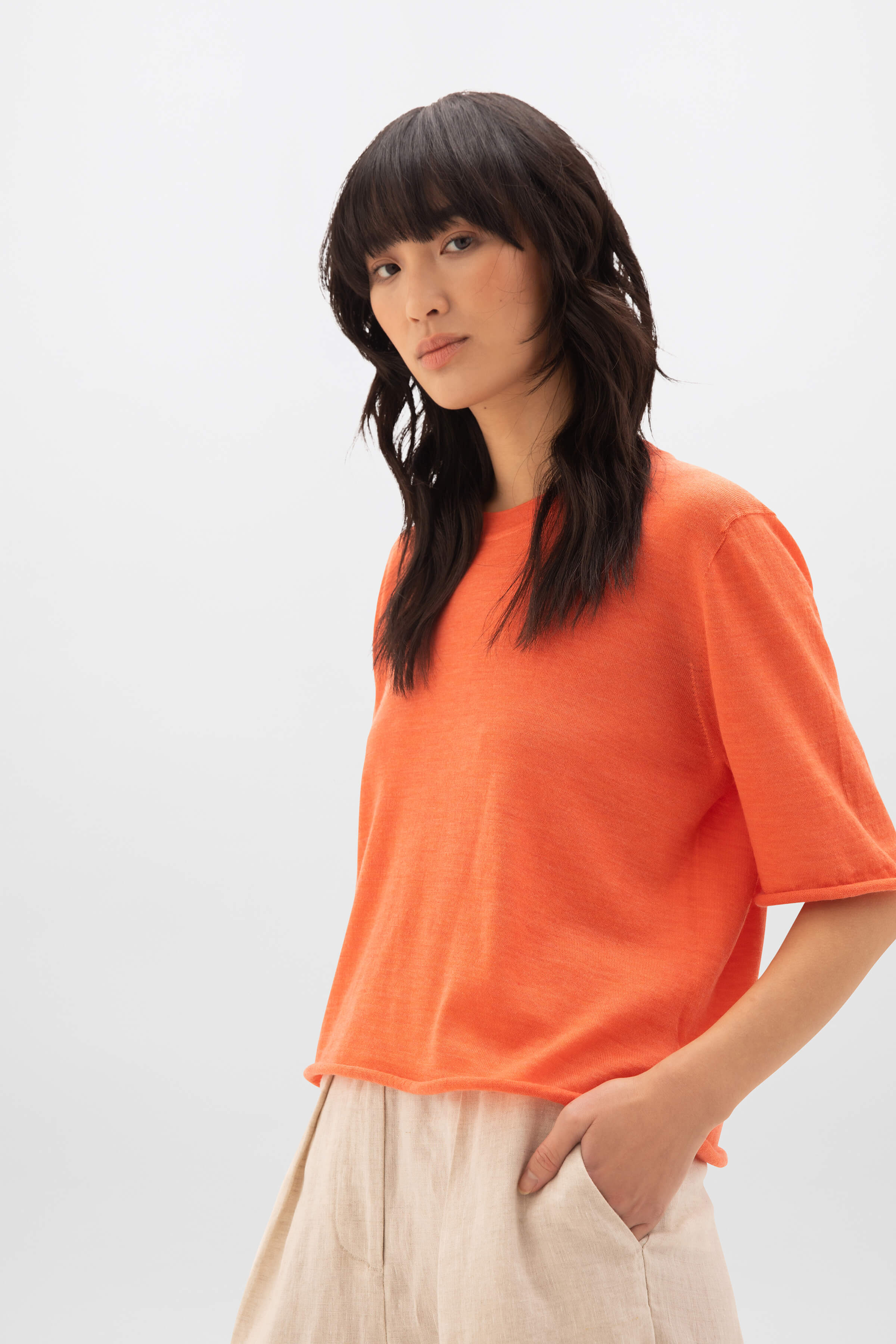 Superfine Merino Scoop Neck Orange T-Shirt - Image 2