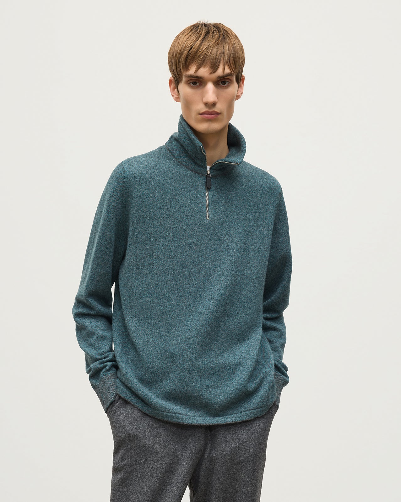 Tweel Grey & Green Cashmere Half Zip Jumper - Image 5