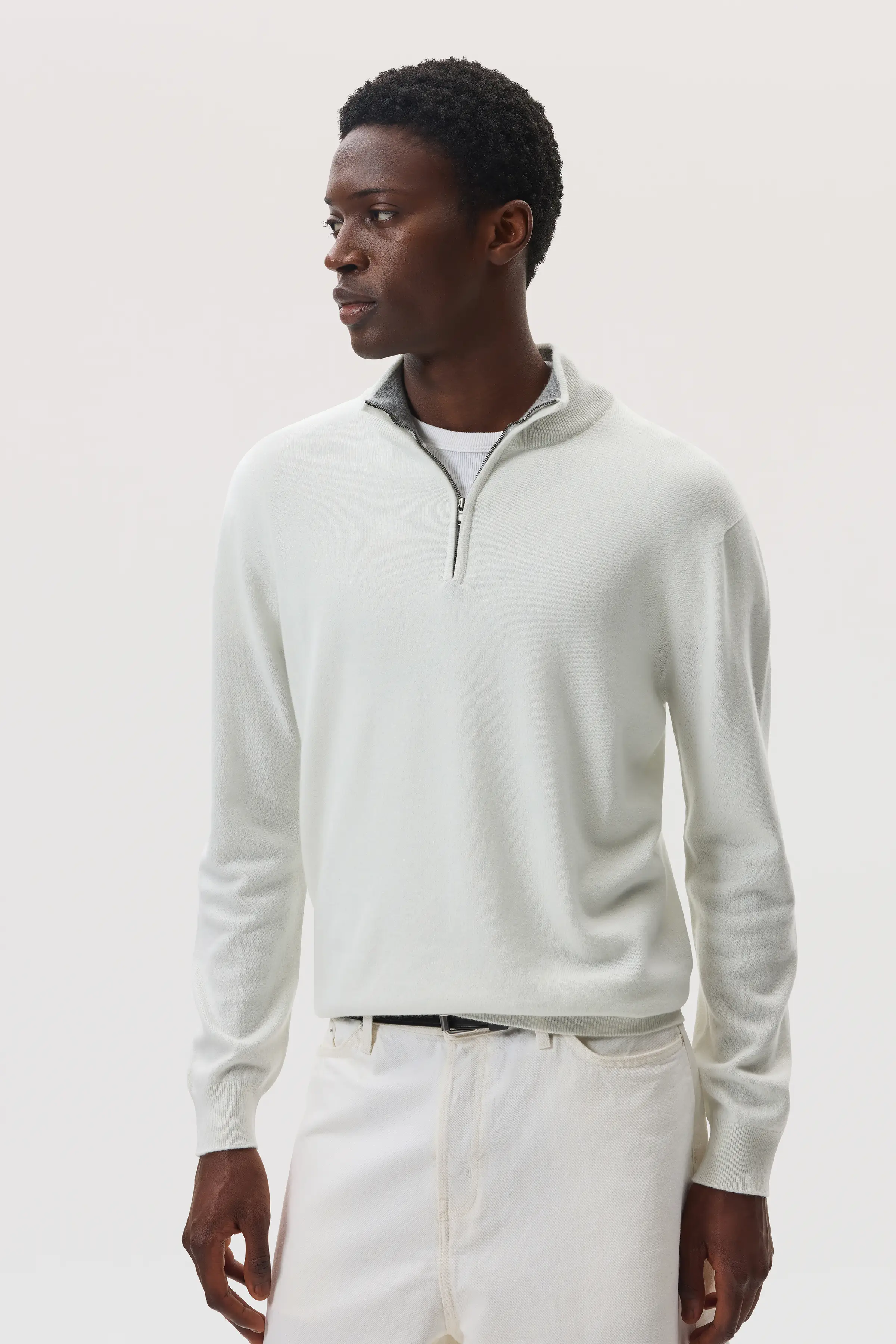 Contrast Trim Cashmere White Zip Neck Jumper - Image 2