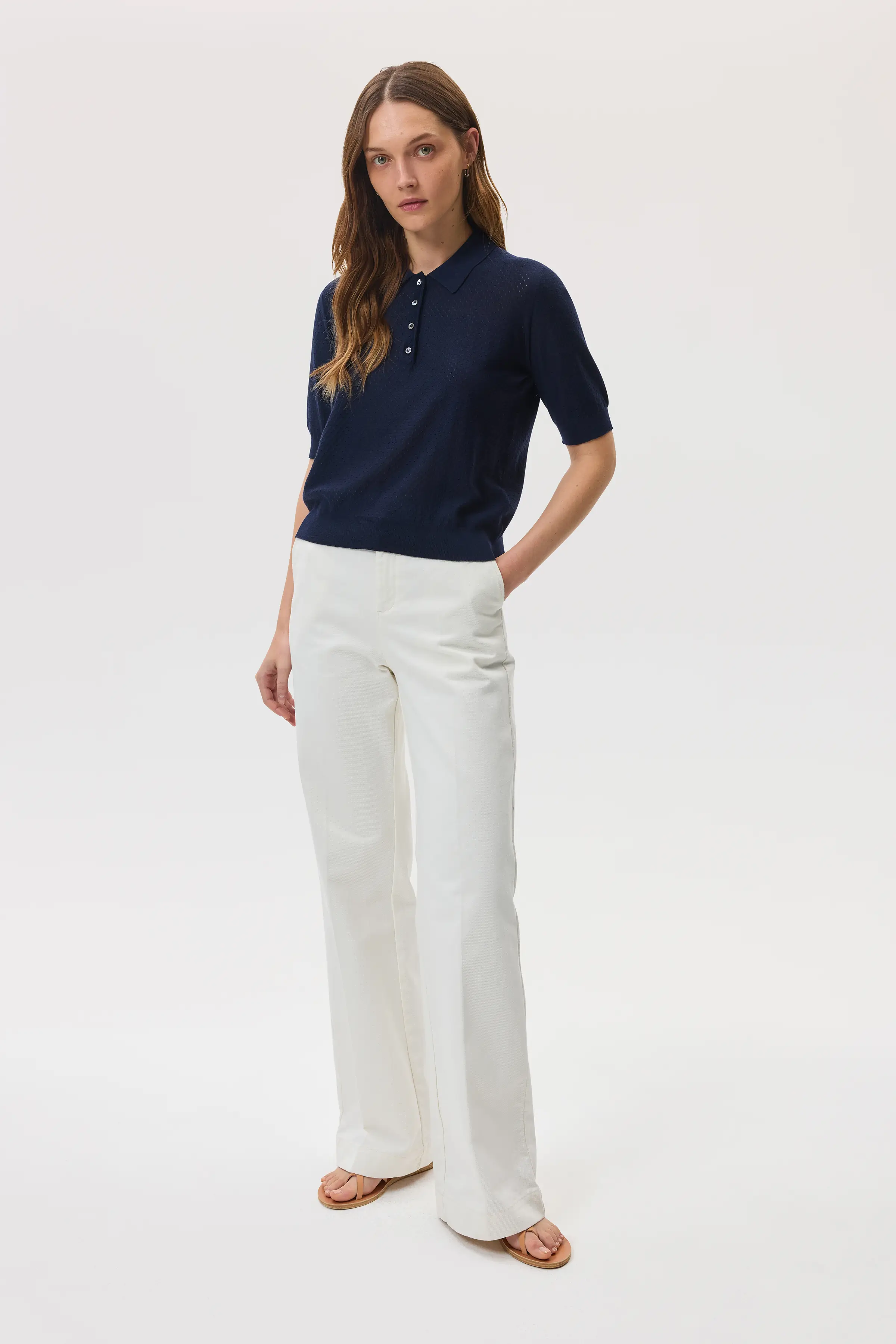 Superfine Merino Pointelle Argyle Dark Navy Polo Shirt