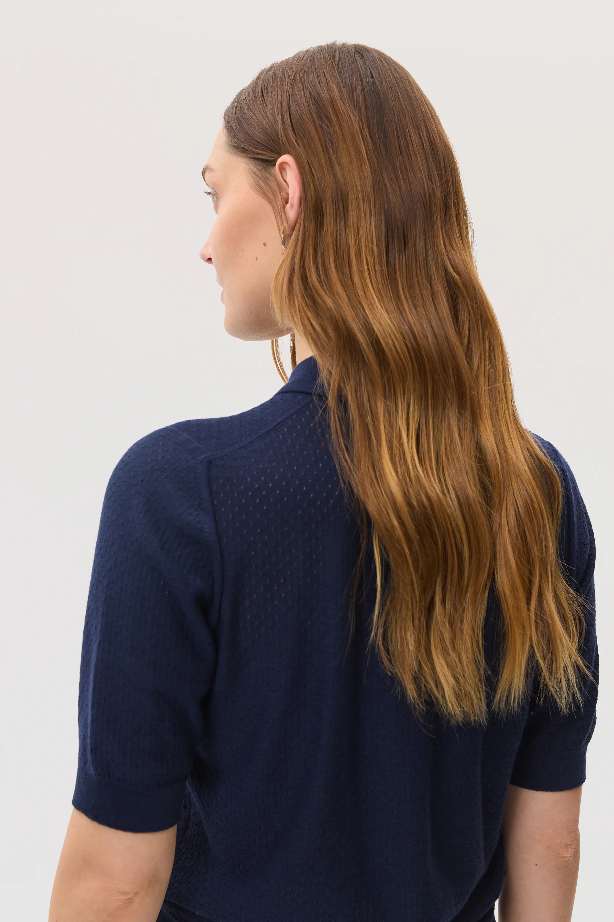 Superfine Merino Pointelle Argyle Dark Navy Polo Shirt - Image 3
